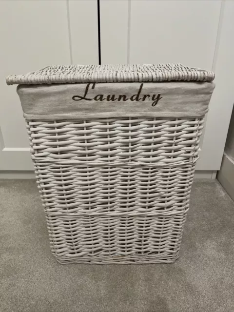 White Wicker Laundry Basket with Leather Attached Removable Lid