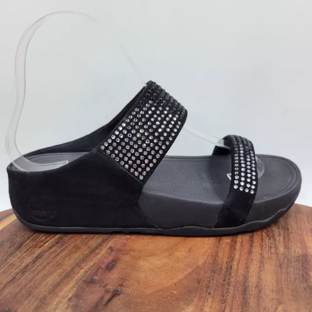 Fitflop Flare Sandals Women's 7 Black Silver Comfort Wedge Rhinestone Slide *