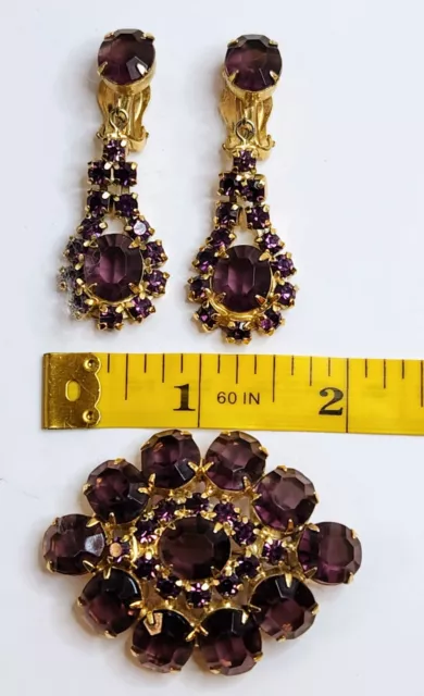 Signed LA ROCO Vintage Purple Rhinestone & Gold Tone Clip On Earrings and Brooch