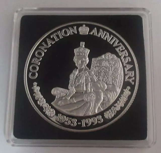 1993 40th Coronation Anniv QEII Silver Proof 1oz Turks & Caicos 20 Crowns Coin