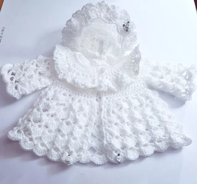 Baby Girl Or Reborn Doll Romany Spanish Cardigan And Bonnet Hand Crocheted White