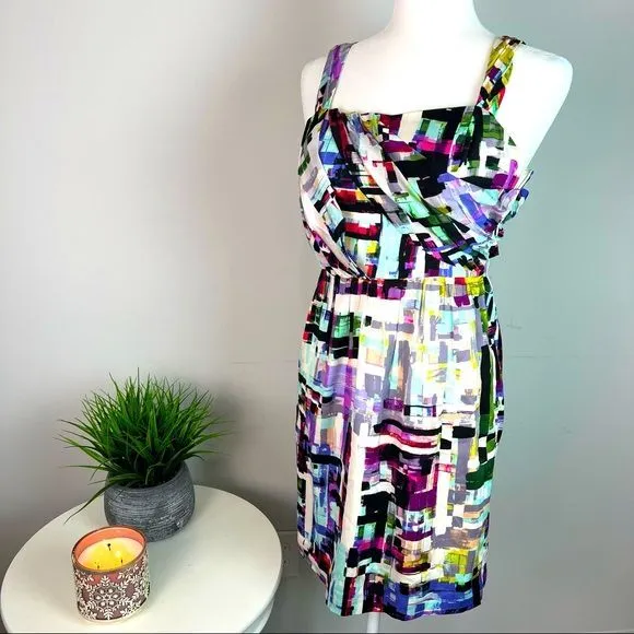 Ali Ro  sleeveless dress womens 4 abstract colorblock drape 100% silk