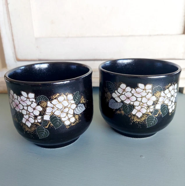 Vintage Pair Kutani or Chawan Tea Cups Hand Painted Floral & Leaf Motif