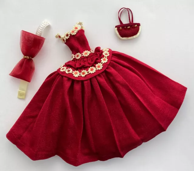 60's vintage OOAK handmade Sindy dress ball gown red cream bag hairband, NO DOLL