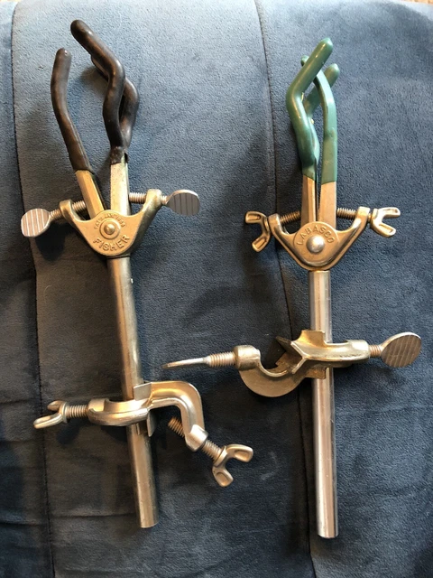 Lot of 2 Vintage Antique 3 Prong Burette Clamps Castaloy Fisher 1933 & Labasco