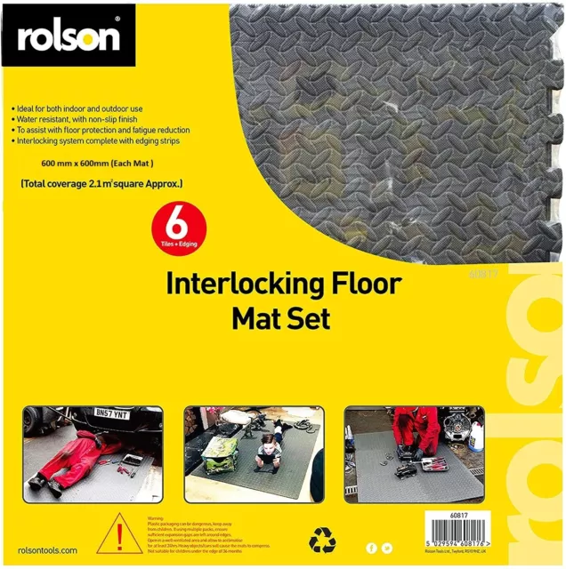 6pc Interlocking Black Floor Mat Set Water Resistant Non-Slip Outdoor & Indoor