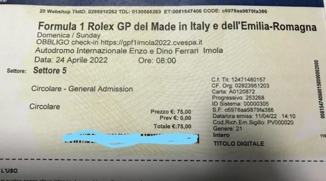 Biglietti Imola gara domenica 24/04/22 settore circolare 