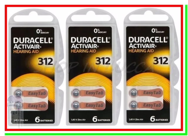 18 DURACELL 312 PR41 ACTIVAIR Batterie Protesi Pile per Apparecchi Acustici