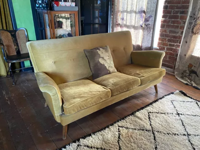 Vintage Golden Yellow Mid Century Velvet Sofa Wooden Legs