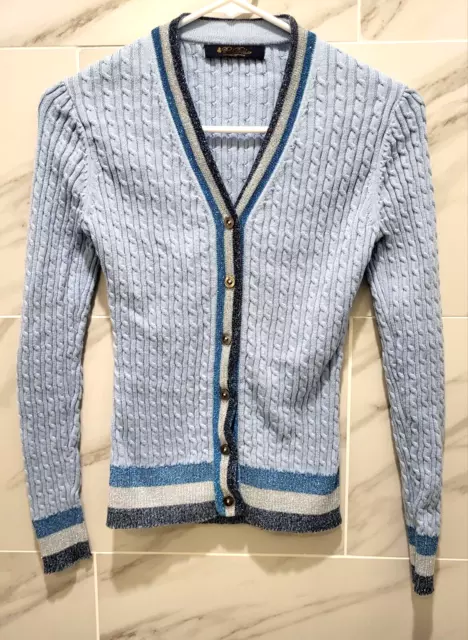 Brooks Brothers Blue Supima Cotton Cable Knit Cardigan with Metallic Trim Size S