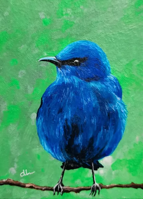 "Blue Robin" ACEO Original Acrylic Painting Vintage Nature Art Bird Signed ATC