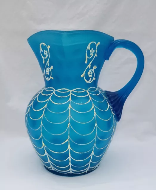 Vintage Blue  Satin Glass Large Pitcher Hand Painted Hand Blown  SEE VIDEO