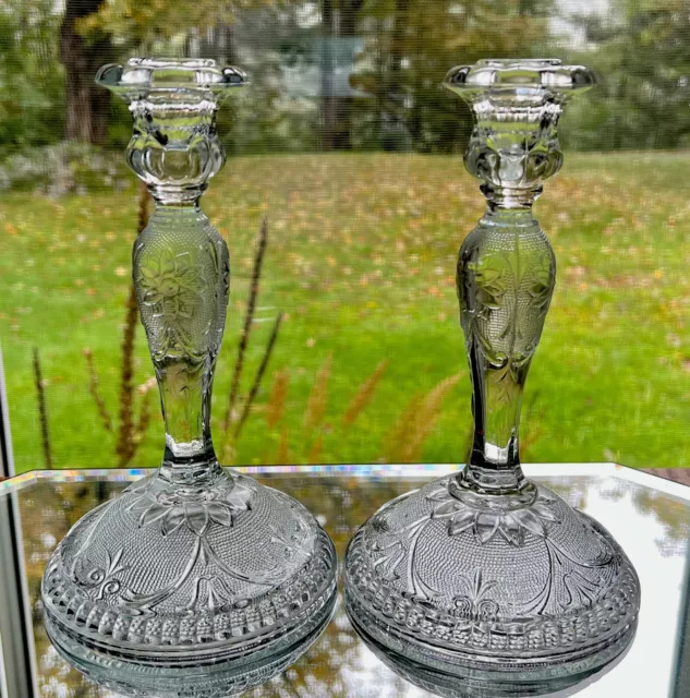 Indiana Glass Candlesticks SANDWICH Pattern Crystal Clear Glass PAIR