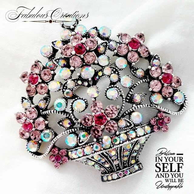 Large Art Deco Flower Blossom Bouquet Brooch Pin Vintage Pink Diamante Crystal