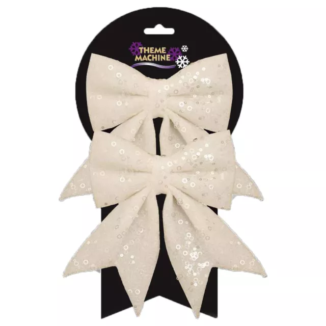 Christmas Glitter and Sequin Bows Tree Decoration - 2 Pack 16cm White