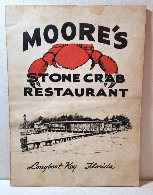 1960S MOORE'S STONE Crab restaurant menu, Longboat Key, Florida
