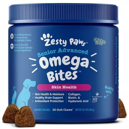 Zesty Paws Advanced Omega Bites Senior Dog Skin Health Supplement 90 Soft Chews