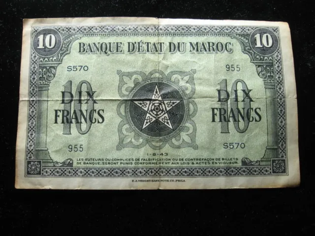 old World currency note MOROCCO 10 francs 1943 P25 (48)