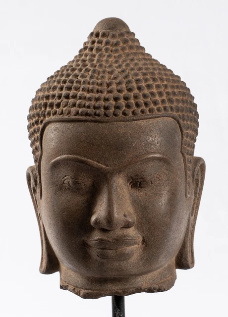 Antique Phnom Da Style Mounted Stone Khmer Buddha Head - 23cm/9" Tall