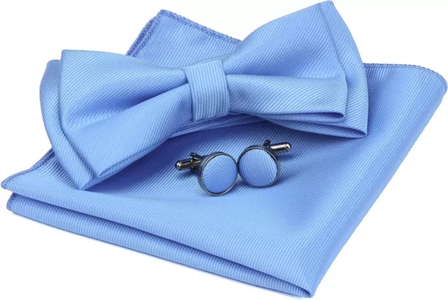 GUSLESON Mens Solid Color Two Layer Pre-tied Bow Tie and Pocket Square Cufflink