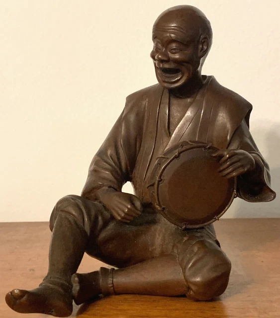 Antique Original Japanese Bronze Sculpture Laughing Man Playing Drum Meiji 19C