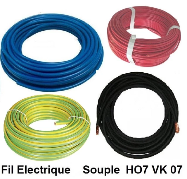 Fil électrique souple HO7-VK 16 mm²  10 mètres  Bleu Rouge Noir ou Vert jaune