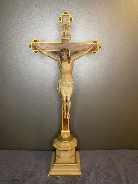 19Th Century Wood Carved Standing Religious Altar Crucifix Cross 31" High
