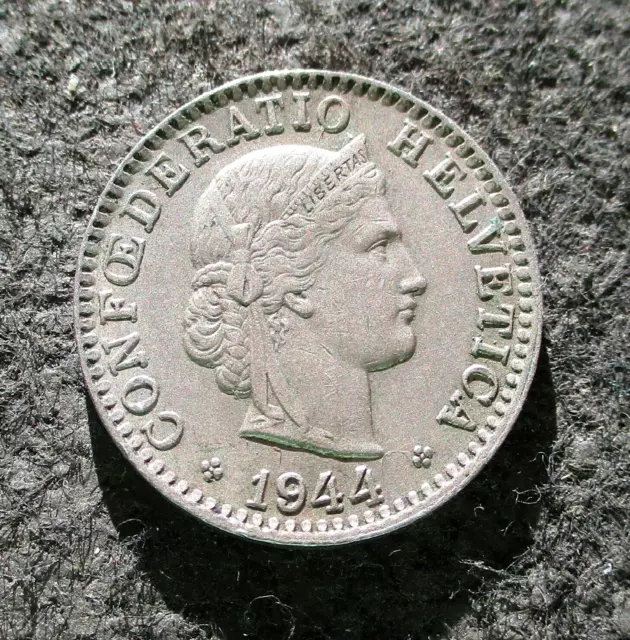 Old Coin Of Switzerland 20 Rappen 1944 World War Ii Libertas With Tiara