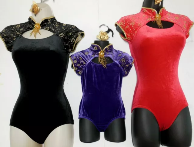 Asian Velvet Gold Gilded Cap Sleeve Leotard 3 colors Dance costume Mandarin NWT