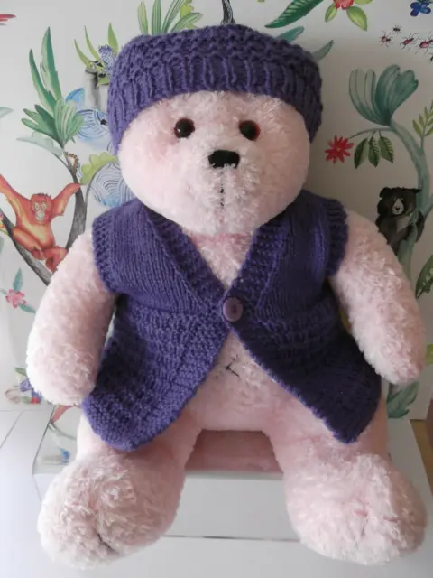 Hand knitted teddy clothes purple gillet  jacket waistcoat hat for 16 " bear BN