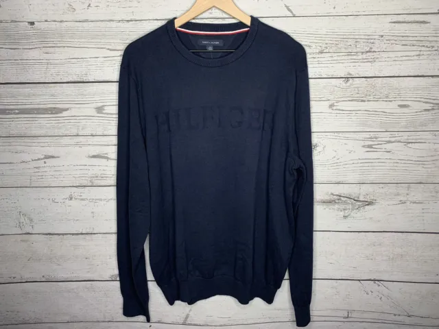 Tommy Hilfiger Mens Navy Blue Crew Neck Word Print Sweater Size XL NWT