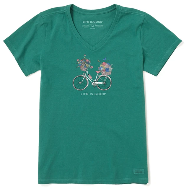Life is Good 89313 - Women's Bike Flower Baskets Short Sleeve Vee - Spruce Green