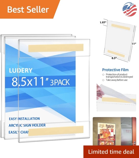Acrylic Wall Mount Sign Holder: Clear 8.5 x 11, Double Sided Tape Adhesive, Pack
