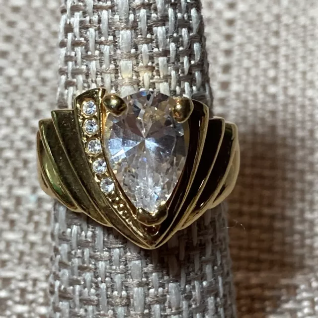 Vintage Art Deco Revival Teardrop Rhinestone Ring Size 6.75 Gold Tone