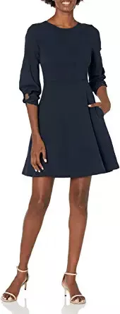 Lark & Ro Womens Gathered 3/4 Sleeve Crew Neck Fit and Flare Dress (SIZA 2) Navy