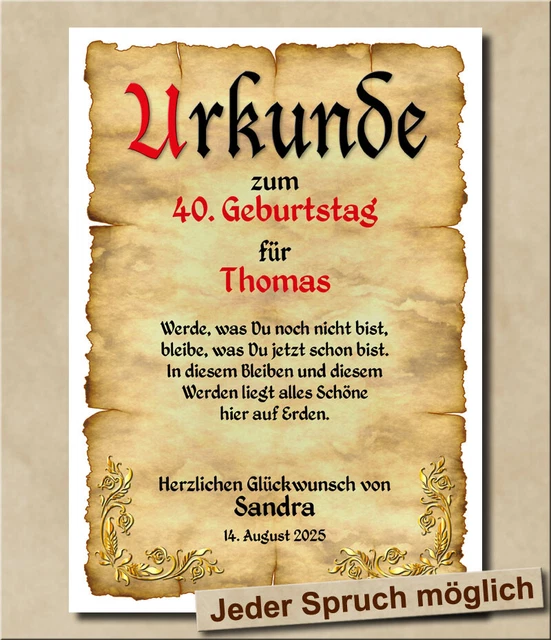 URKUNDE 40. 44. Geburtstag Geschenkidee Geburtstagskarte Schmuckurkunde