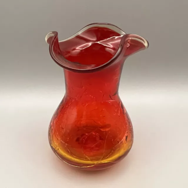 Vintage Amberina Hand Blown Crackle Glass Vase Ruffle Rim 4” Tall