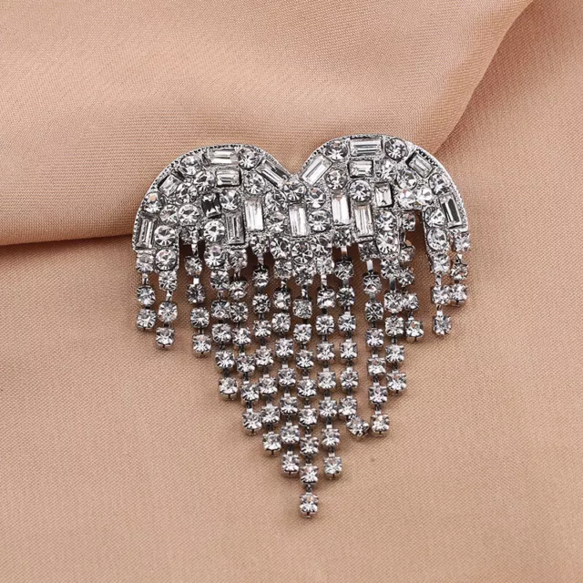 Vintage Look Silver Heart Drop Dangle Tassel Baguette Crystal Brooch Pin Gift