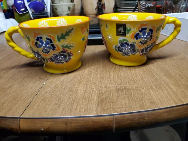 Miyabi Yokohama Studio Hand Painted Mugs Cups Ceramic Raised Details Set x2 (M1)