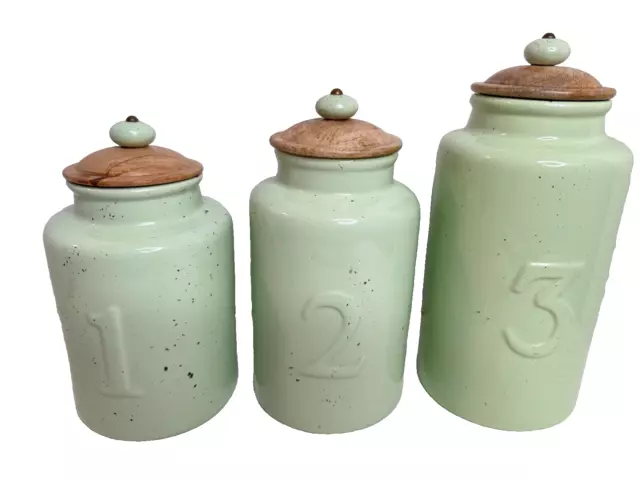 Pier 1 Imports Canisters (3) Storage Green Sealable Multipurpose Green Wood Lids