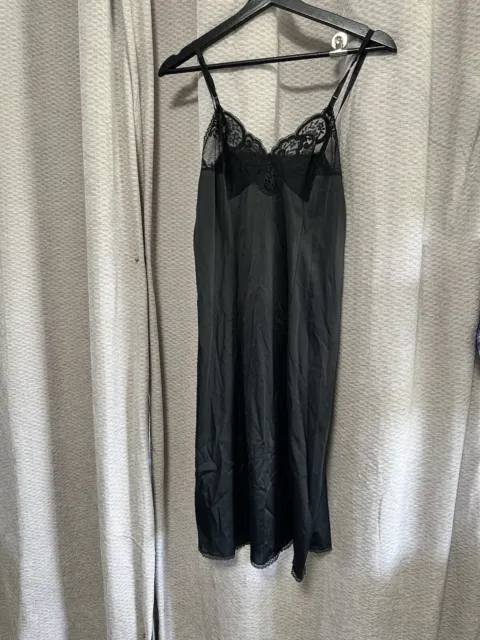 Vintage JCPENNEY Long Nylon Black Slip Nightgown Lace Trim Sz 34 USA Sheer Sexy