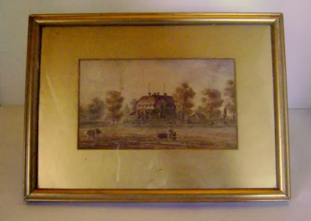 Fine Small C.19th Watercolour: House in a Landscape with Goats: USA? Ipswich?