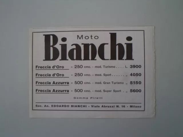 advertising Pubblicità 1936 MOTO BIANCHI FRECCIA D'ORO / AZZURRA