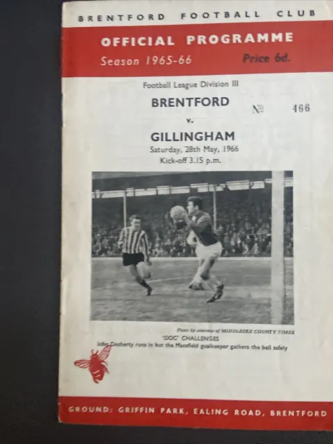 Brentford v Gillingham(Division 3 65/6) 28/5/66 FLD