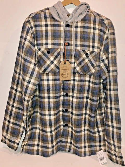 Weatherproof Vintage Mens Flannel Shirt Jacket Hooded Plaid Sherpa Lined Size M