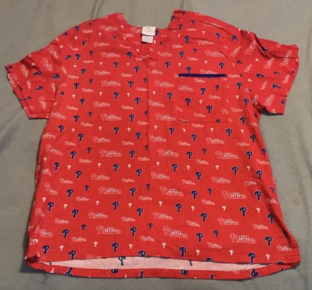 Philadelphia Phillies Scrub Top  Shirt Unisex L Red Chest Pocket V Neck Logo