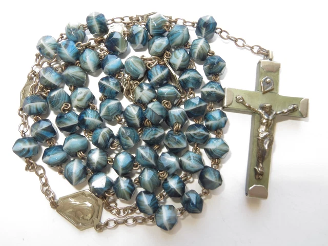 C1920s-30s Long Antique Art Deco Teal Blue Art Glass Beads Rosary-51.5 cm Long