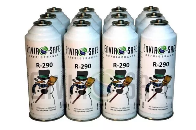 R290, "HC"  Modern Refrigerant, Enviro-Safe (12) Twelve 8 oz. Refrigerant Cans