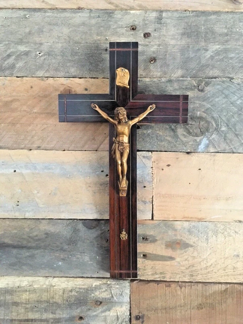 Antique French Notre Dame Art Deco Wood Brass Wall Crucifix Church Cross Jesus