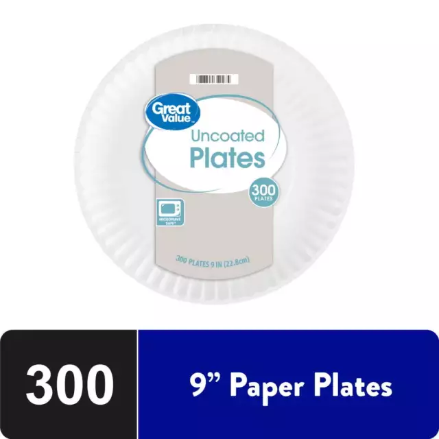 Uncoated Disposable Paper Plates, 9in, 300ct